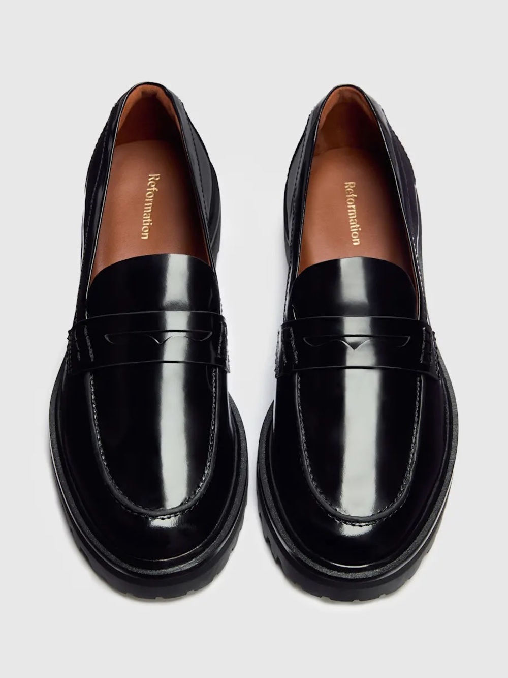 Reformation Agathea Black Patent Leather Penny Loafers